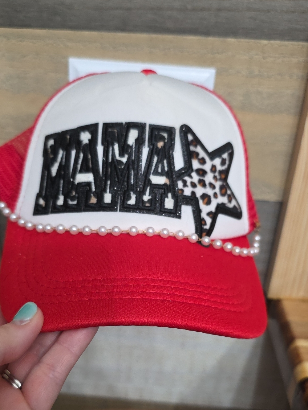 Mama Trucker Hat with Pearls - Red & White